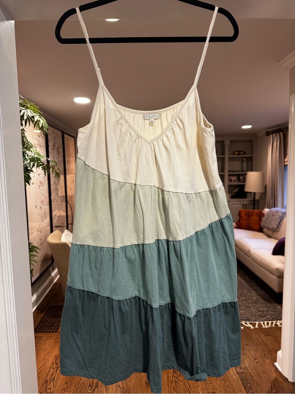 Z Supply Tiered Spaghetti Strap Dress in Cream and Green Shades
